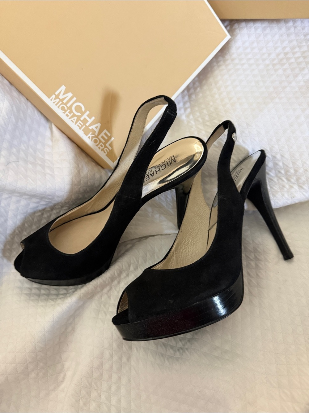 MICHAEL Michael Kors Black Suede Peep Toe Slingback Heels Platforms Size 7.5 Box